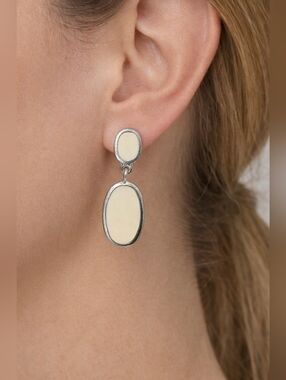 Glitter Ivory Oval Drop Earrings Silver Tone Double Oval Dangle NWT